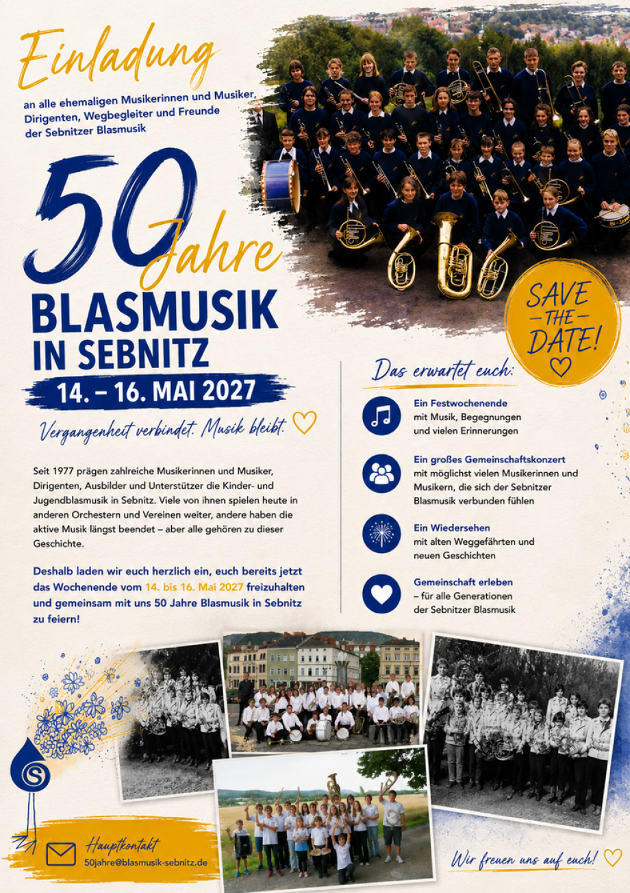 Einladung Gemeinschaftskonzert 50 Jahre Blasmusik in Sebnitz